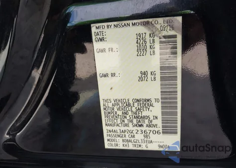 2016 Nissan Altima 2.5/2.5 S/2.5 Sl/2.5 Sr/2.5 Sv z USA, uszkodzony, nr VIN 1N4AL3AP2GC236706